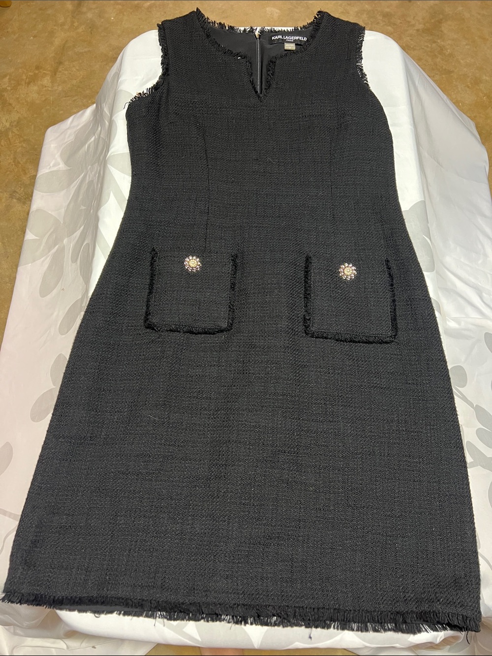 Karl Lagerfeld Black Tweed Fringe Pocket Sheath Dress